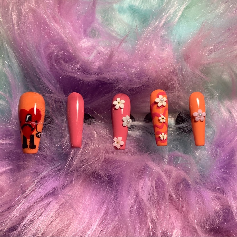 Bad bunny nails. Other hand is opposite.colors 🧡🌺🌊